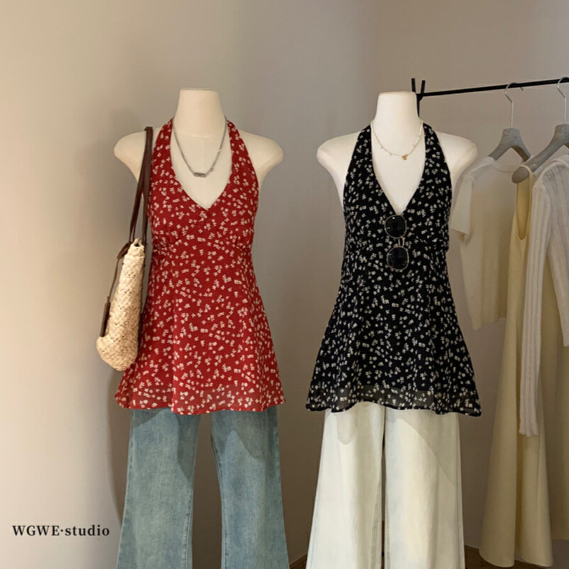 WGWE estilo de vacaciones con cuello en v floral halter chaleco temperamento dulce chica caliente sin espalda playa camisa de gasa verano W5321