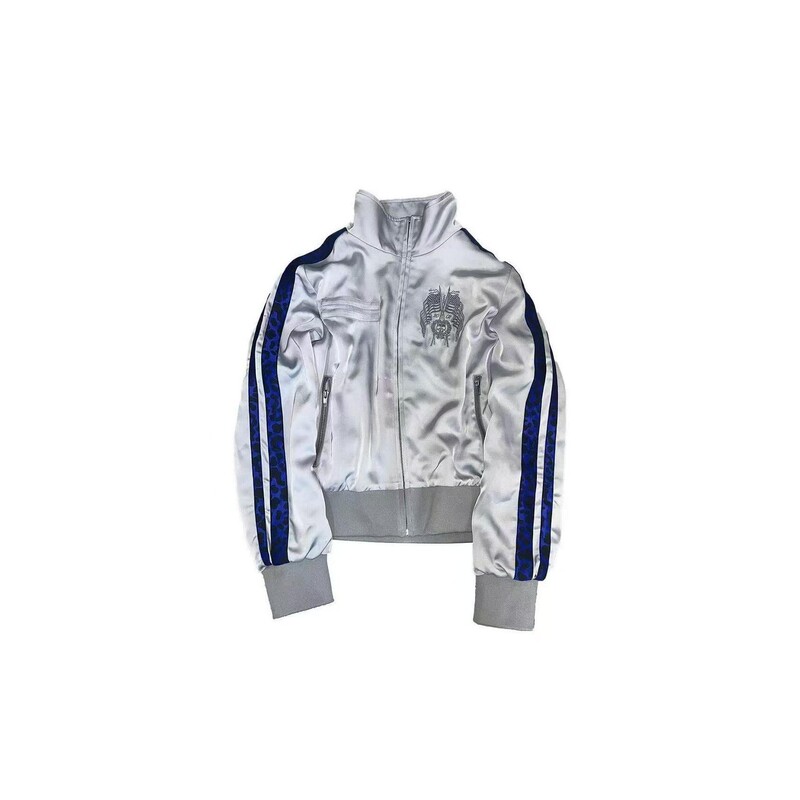 American-style satin color-block blue ribbon leopard print jacket for men, stand-up collar, embroidered Y2K short jacket American-style satin color-block blue ribbon leopard print jacket for men, stand-up collar, embroidered Y2K short jacket