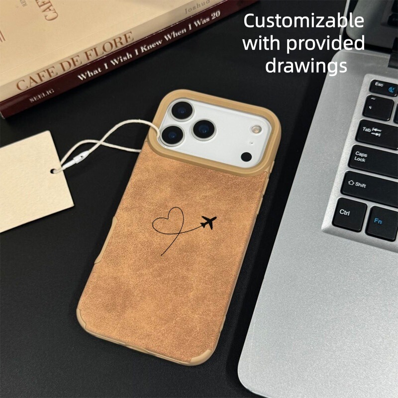 Casual Little Heart Airplane Suitable for Iphone17Promax Mobile Phone Case Apple 13 Brown Leather Texture 14 Suede