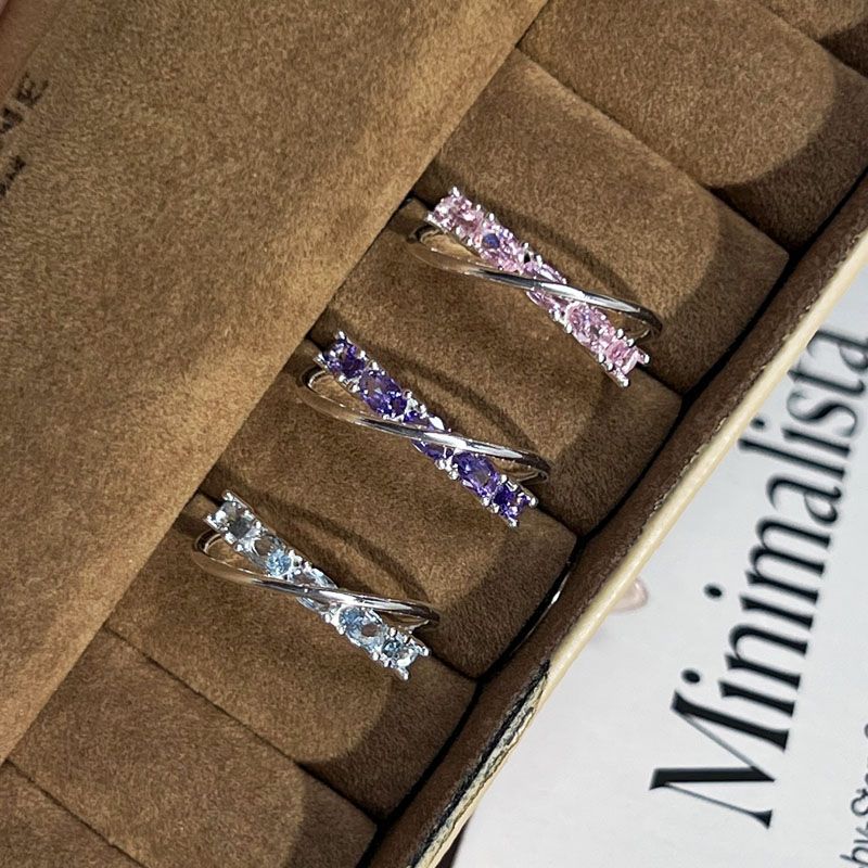 Galaxy Trail Pink and Purple Diamond Crossed Wrap-around Simple Open Ring for Women, Elegant and Cool Niche Design Ring