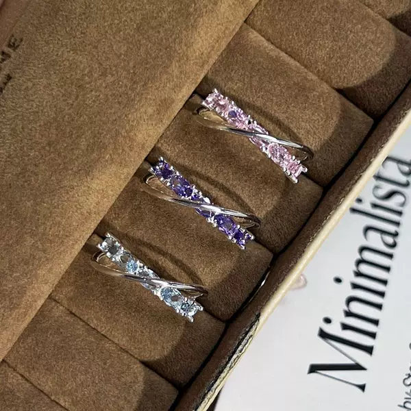 Galaxy Trail Pink and Purple Diamond Crossed Wrap-around Simple Open Ring for Women, Elegant and Cool Niche Design Ring