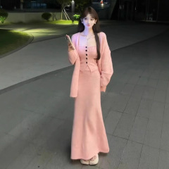 慵懒时尚套装女秋冬新款休闲百搭长袖毛衣外套纯色半身裙三件套潮
