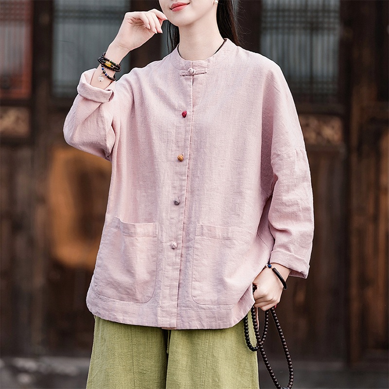苎麻复古新中式衬衫女春秋2025新款棉麻国风盘扣开衫外套宽松上衣
