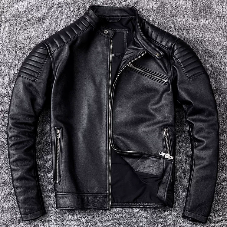 Leather trend jacket, cowhide, genuine leather, slim fit
