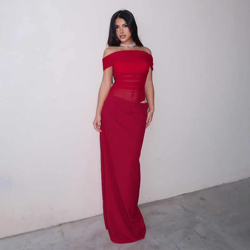 跨境独立站欧美女人风修身一字肩连衣裙气质镂空网纱拼接纯欲长裙