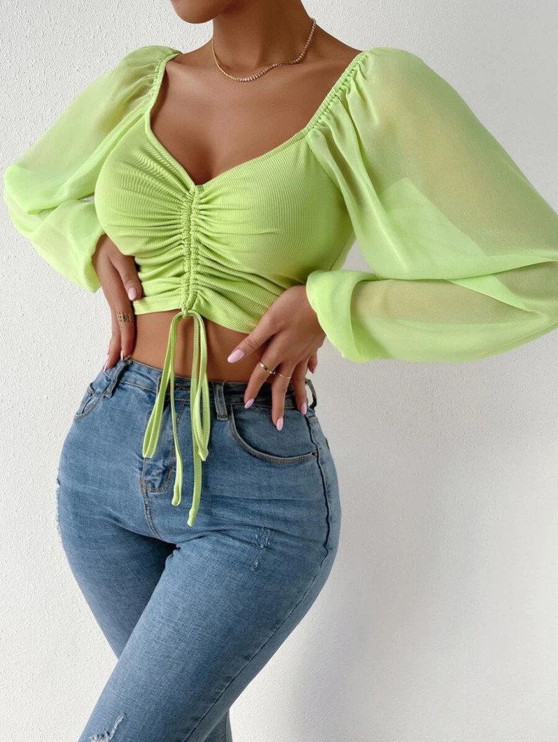New Style Pit Stripe Chiffon Drawstring Lantern Sleeve Tight Fashion Women's Tops Shirt_senzul.com