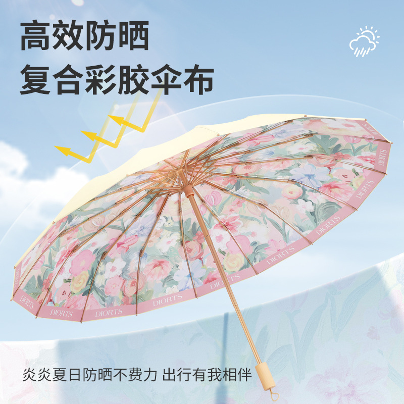 Sunshade Umbrella Chinese-style Folding Umbrella with Wooden Handle 16-bone Colored Glue Umbrella Women's Sun Protection and UV Protection and Rain Protection Dual-purpose Sun Umbrella