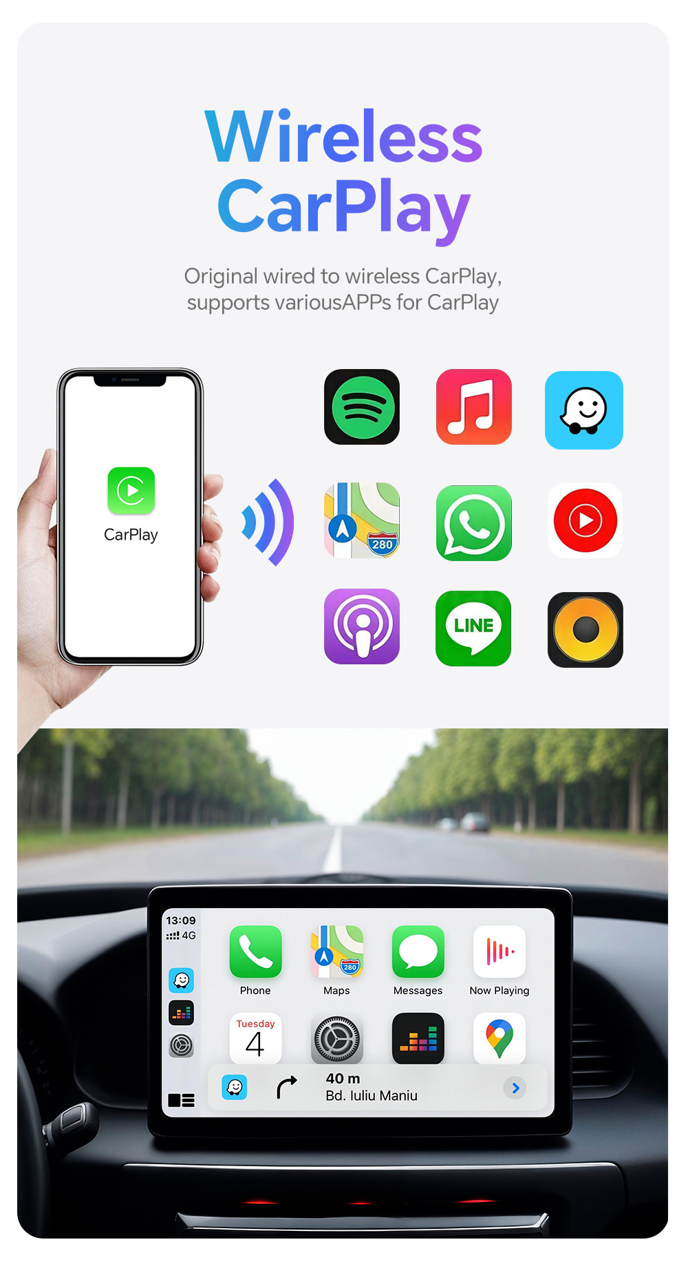 Wired to Wireless Apple Carplay Box Mini Plug-In Android Adapter Bluetooth Automatic Connection