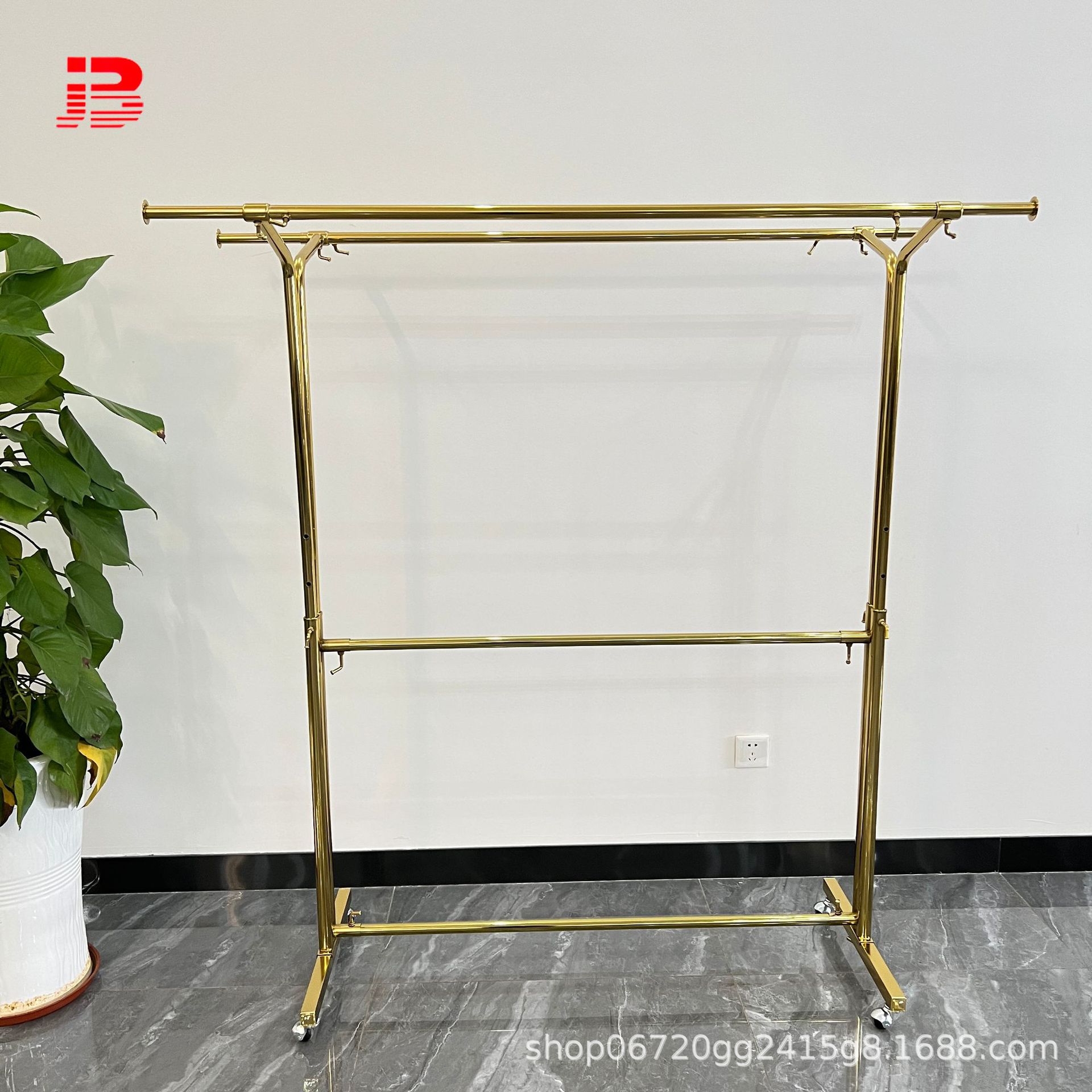 服装店金色展示架可调节落地式带轮不锈钢货架