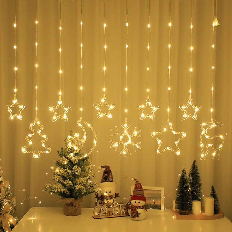 Star Moon copo de nieve cortina de luz de cuero línea de Luz color de la estrella Cadena de luz de cuero tira de hielo habitación atmósfera luz decorativa de Navidad