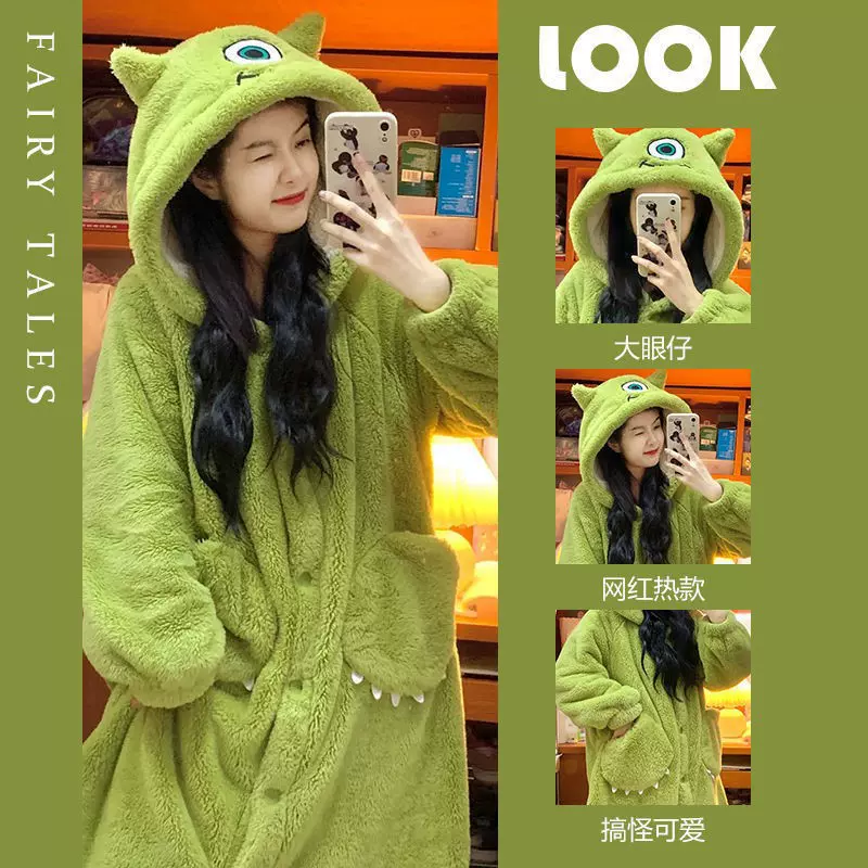 可爱卡通大眼仔珊瑚绒睡衣女2022年新款冬季加厚睡袍可外穿家居服