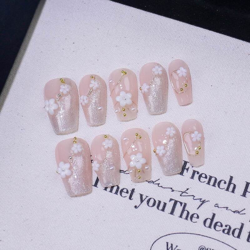 New pure hand-worn nail phototherapy nail art patch finished wholesale high-grade French cherry blossom cat eye fake nails