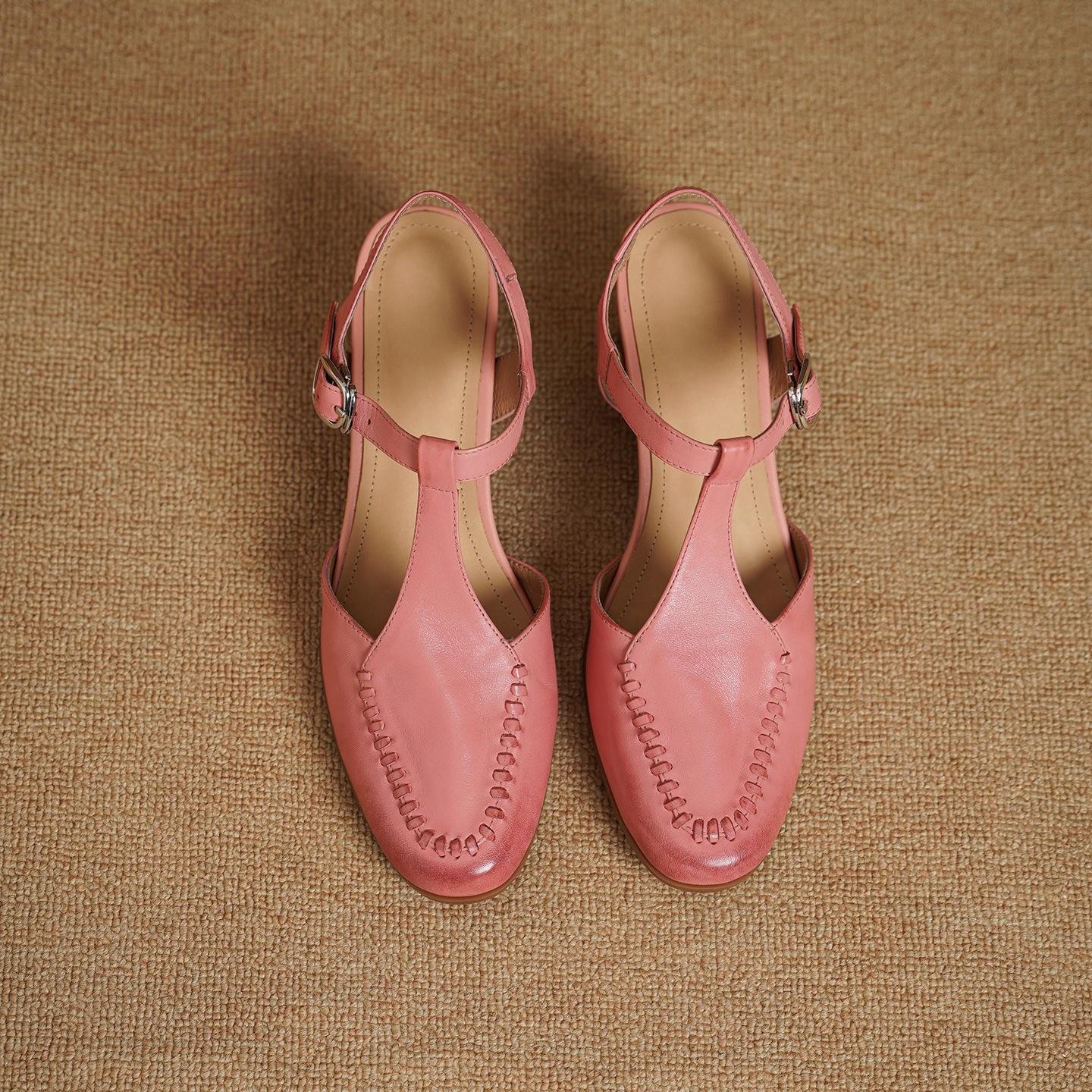 Sandal nữ mũi nhọn quai chữ T da bò gót 5 cm phong cách vintage — Màu hồng