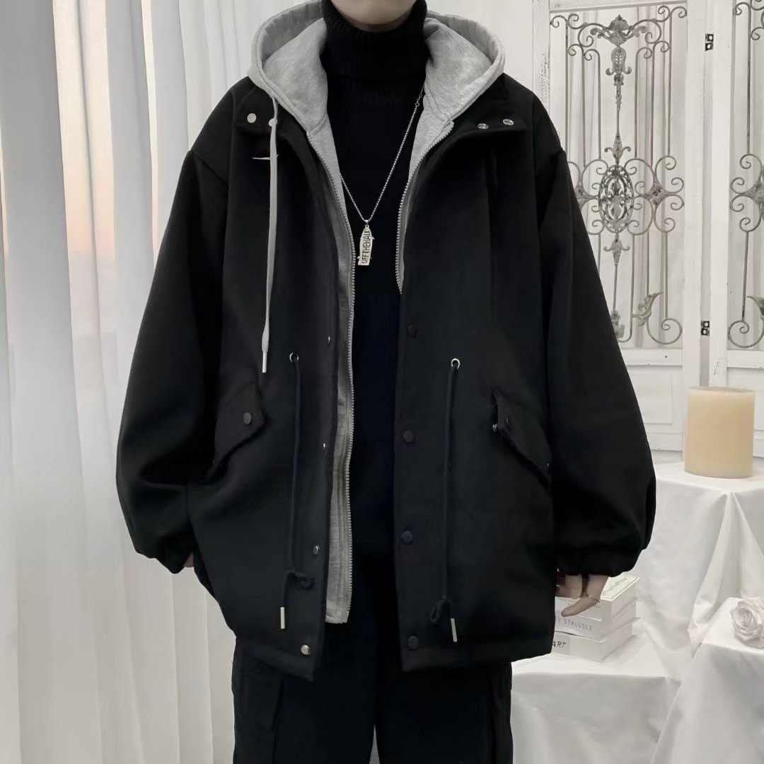 Oscuro ins moda marca High Street abrigo de lana de los hombres Otoño e Invierno estilo coreano moda suelta con capucha abrigo de lana
