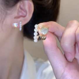新款S925银针水钻双层气质珍珠郁金香耳环耳钉女轻奢精致百搭耳饰