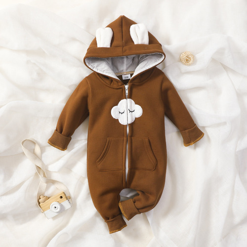 European and American children's clothing 0-2 years old cloud hoodie one-piece suit cotton rabbit ears zipper long sleeves long legs hat bag fart suit
