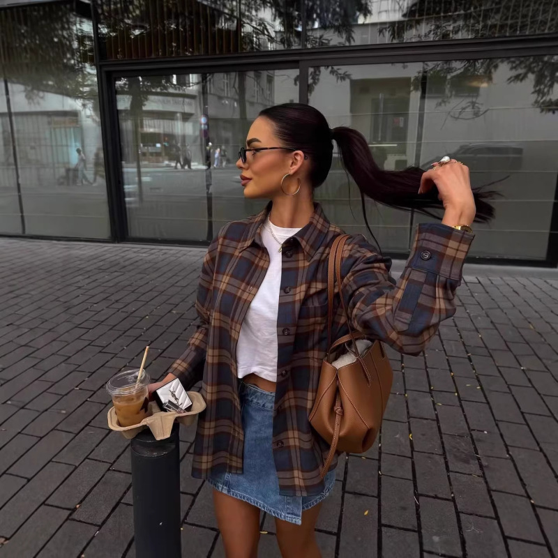 2026 Cross-Border European and American Style Spring and Autumn Casual Buttoned Flannel Plaid Long-Sleeve Shirt with Collar for Women, Versatile Shirt