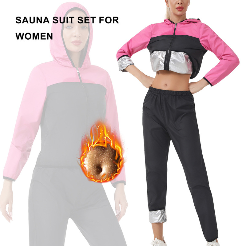 Cross-Border Women's European and American Style Sweat-Sweating Hooded Fitness Long-Sleeved Suit Sauna Sweat-Shaping Clothing Outdoor