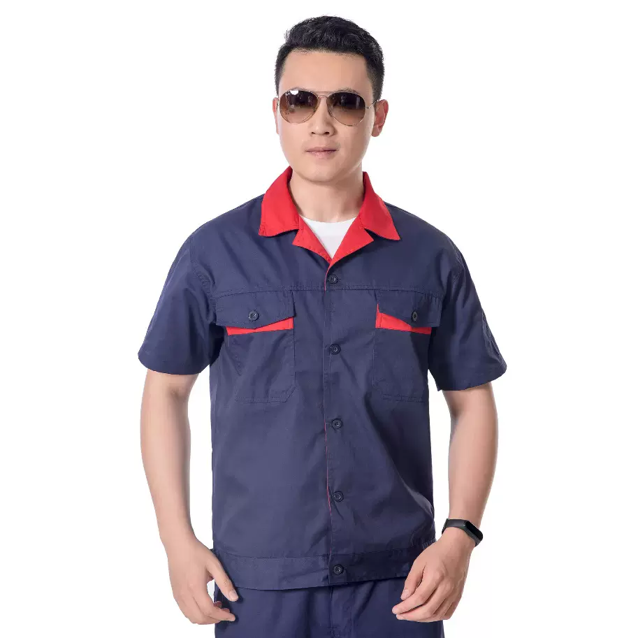 短袖工装订制涤棉细斜纹工作服劳保服工程制服外套绣LOGO透气