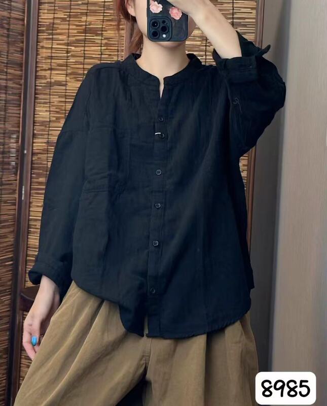 CO  2025秋韩版宽松贴布大口袋双层纱立领衬衫百搭休闲衬衣女8985|undefined