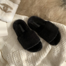 羊毛版~秋冬时尚保暖舒适毛毛拖鞋女外穿厚底增高简约百搭一字拖
