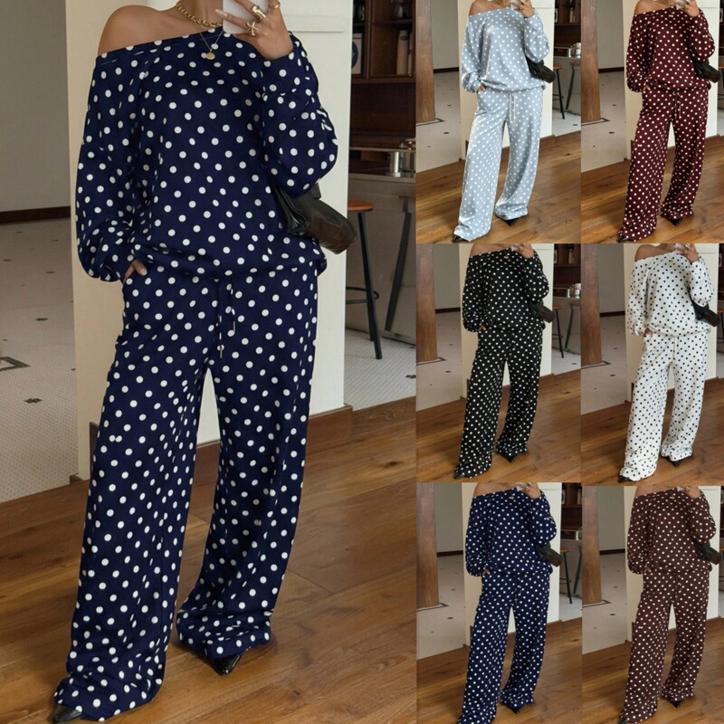 2026 Cross-Border European and American Women's Polka Dot Print Off-Shoulder Asymmetrical Collar Long Sleeve Pocket Drawstring Long Pants Casual Set 2026 Cross-Border European and American Women's Polka Dot Print Off-Shoulder Asymmetrical Collar Long Sleeve Pocket Drawstring Long Pants Casual Set