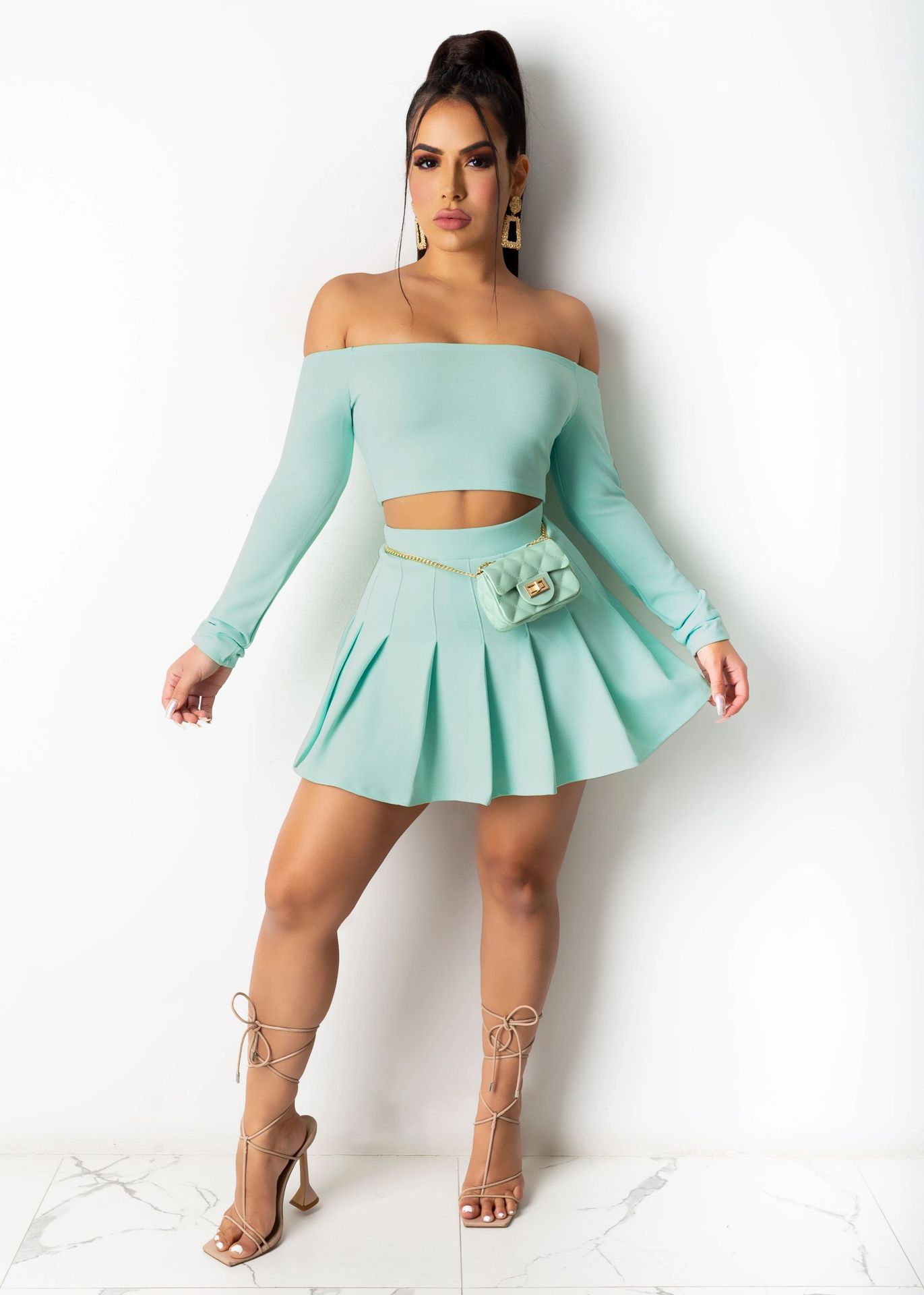 Pleated Solid Color One-Shoulder Long Sleeve Slim Top & Skirt 2 Piece Set NSFBS114851