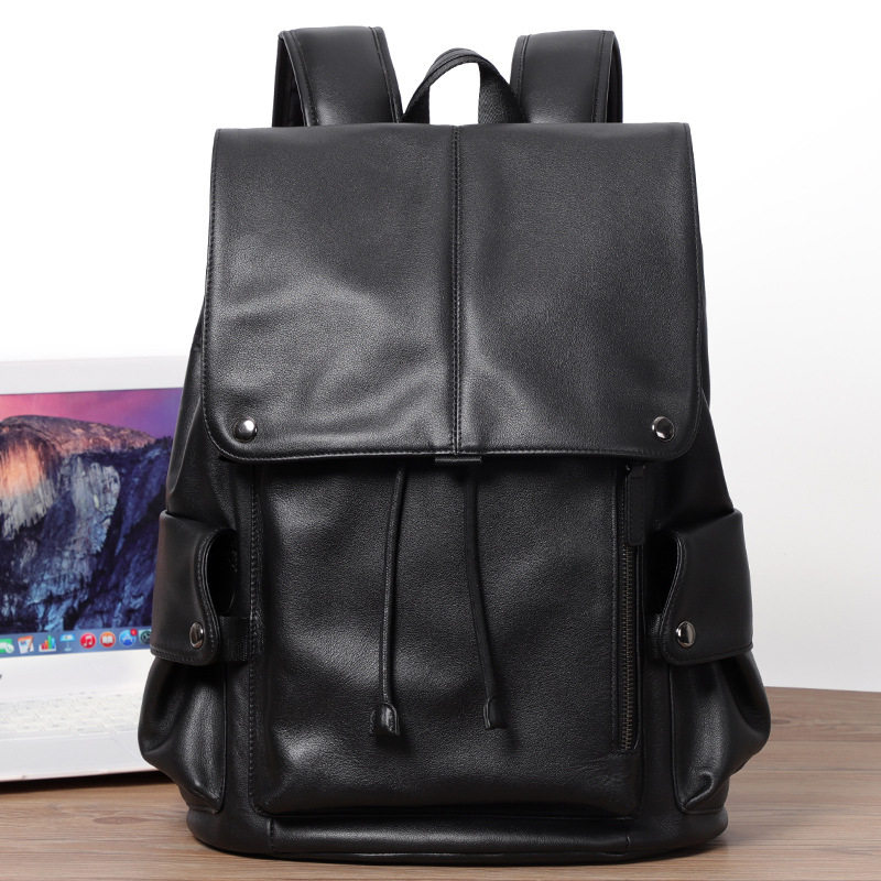 Ba lô da bò thật cho nam, kiểu dáng thời trang, đựng laptop 14 inch, dung tích 36–55L — Màu đen