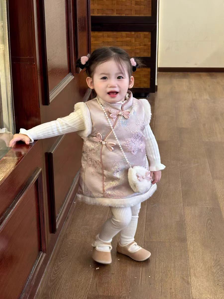 Ropa de niños vestidos de niñas de invierno estilo extranjero temperamento de alta gama chaleco vestido de Año Nuevo vestido de aniversario de princesa roja