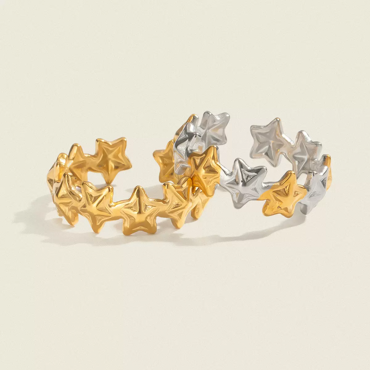 夏凌简约时尚MINI五角星拼色开口戒指 不锈钢真空镀18K金百搭手饰