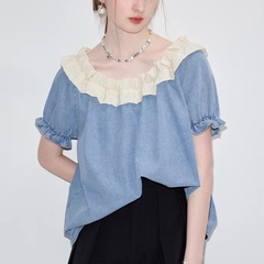 【現品】デニムシャツ女性2025年夏新作フランス式小衆ゆるいハスの葉の縁の丸襟の上着