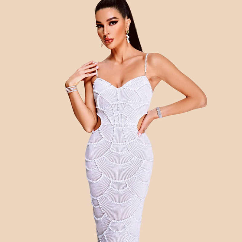 Foreign trade cross-border exquisite sequined beaded Sexy hollow strap dress socialite birthday party dinner dress