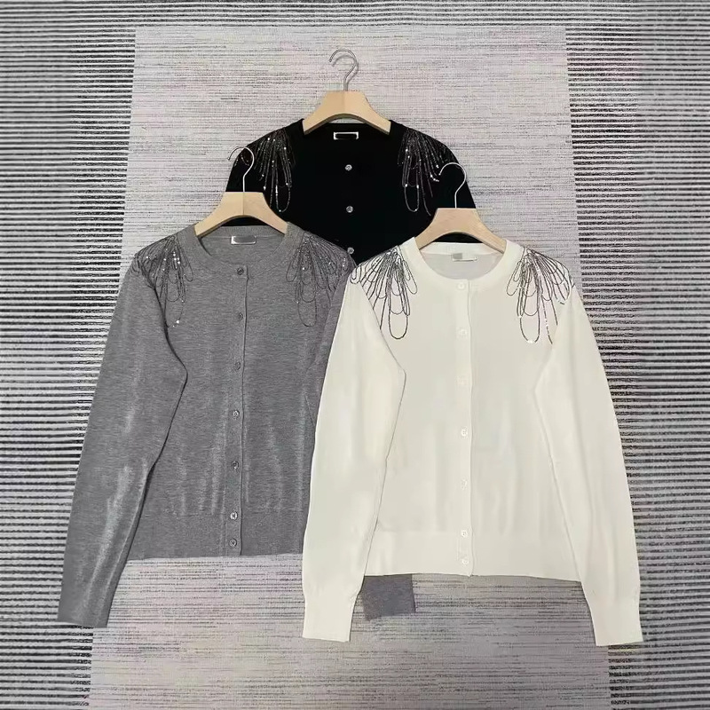 BC Foreign Trade Knitted Cardigan Shoulder Flower Chain Silk Cashmere Blended Elegant Commuter Long Sleeve Top for Women