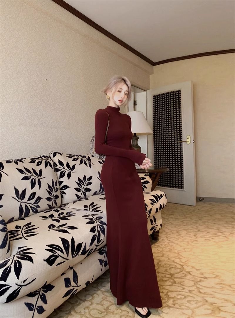 Spice Girl Shows Body Half Turtleneck Bottom Hip Dress Female Sexy Slim Burgundy Thin Fishtail Long Skirt_ecoleips.com