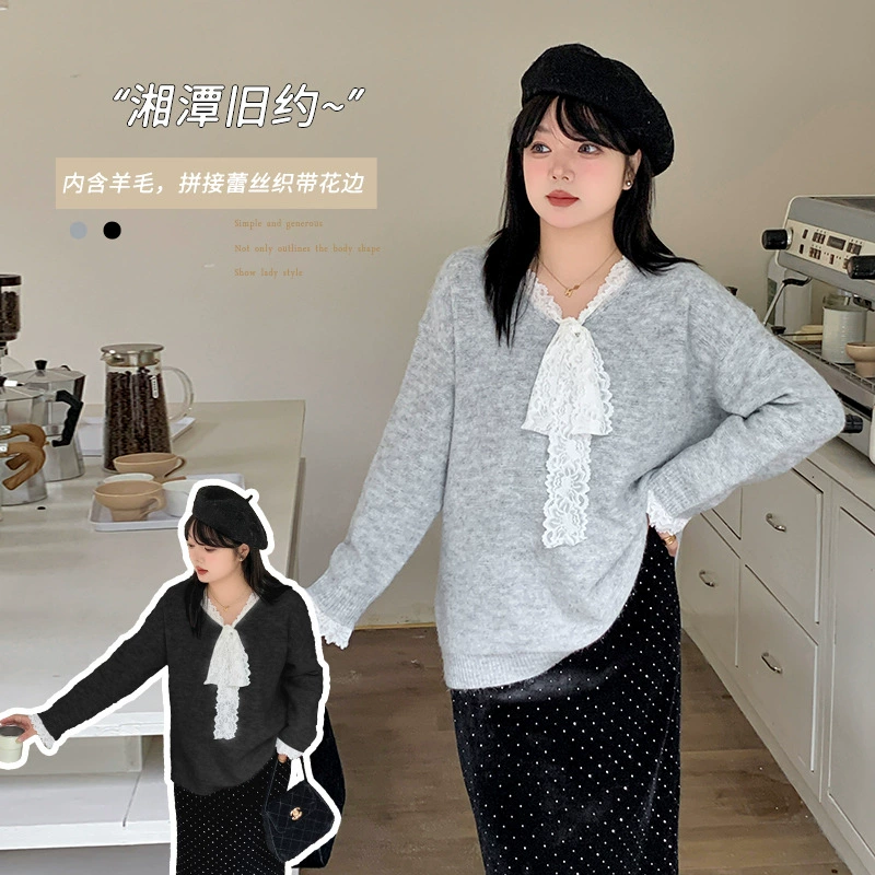 Женский пуловер-свитер с кружевной лентой, новый зимний стиль для полных женщин, мягкий и универсальный шерстяной топ 431932.