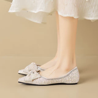 牛皮版~新款闪粉满钻蝴蝶结尖头后空香槟裸色软底平底鞋单鞋女款