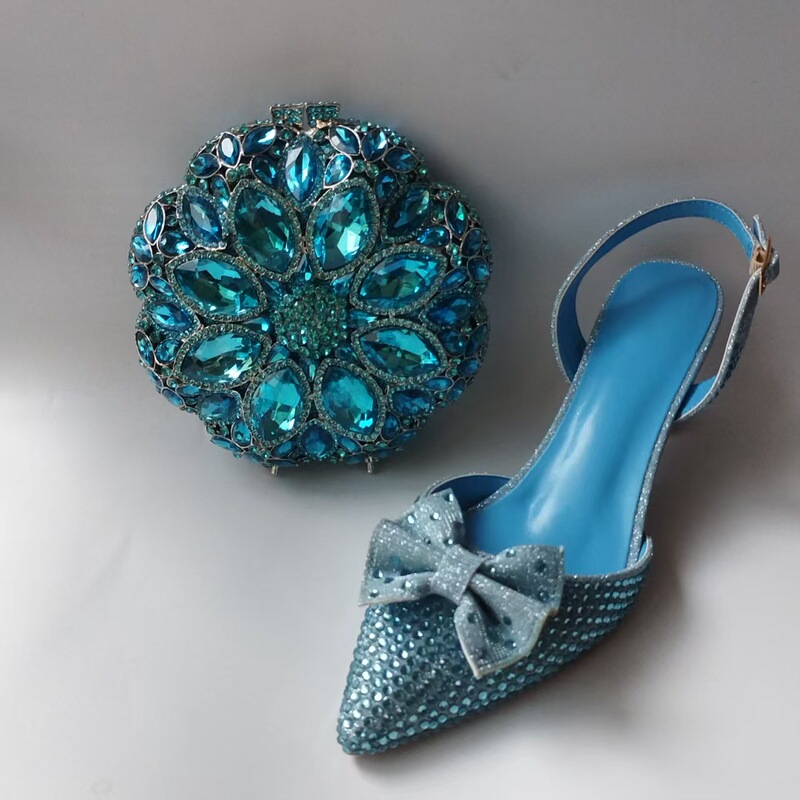 Xiyuan Sky Blue Full Diamond High Heel Sandals with Handbag Set Shoes and Bag Set