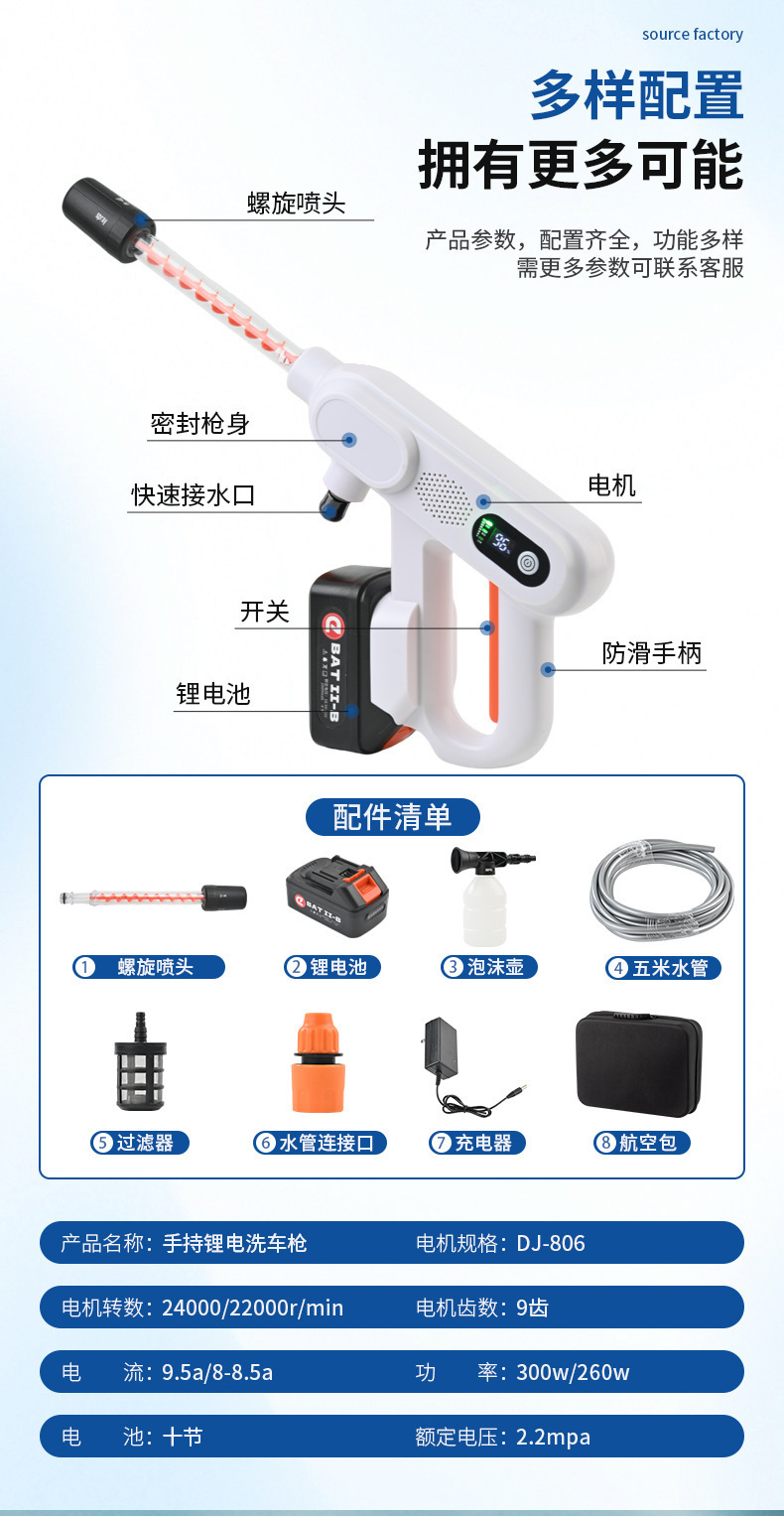 Cross-border wireless high-pressure car wash water gun, lithium battery-powered, household high-power car washer, portable flower watering tool