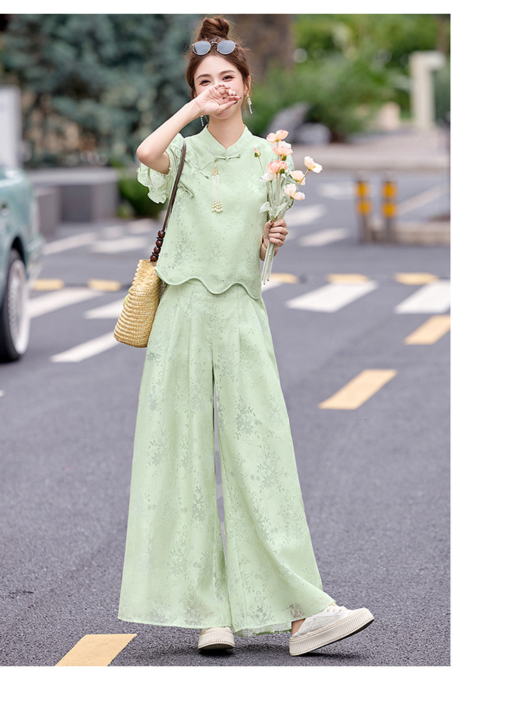 Bộ váy hai mảnh tay ngắn phong cách Trung Hoa cổ điển họa tiết jacquard mùa hè 2025 — Màu vàng be, Màu xanh lá chi tiết 22