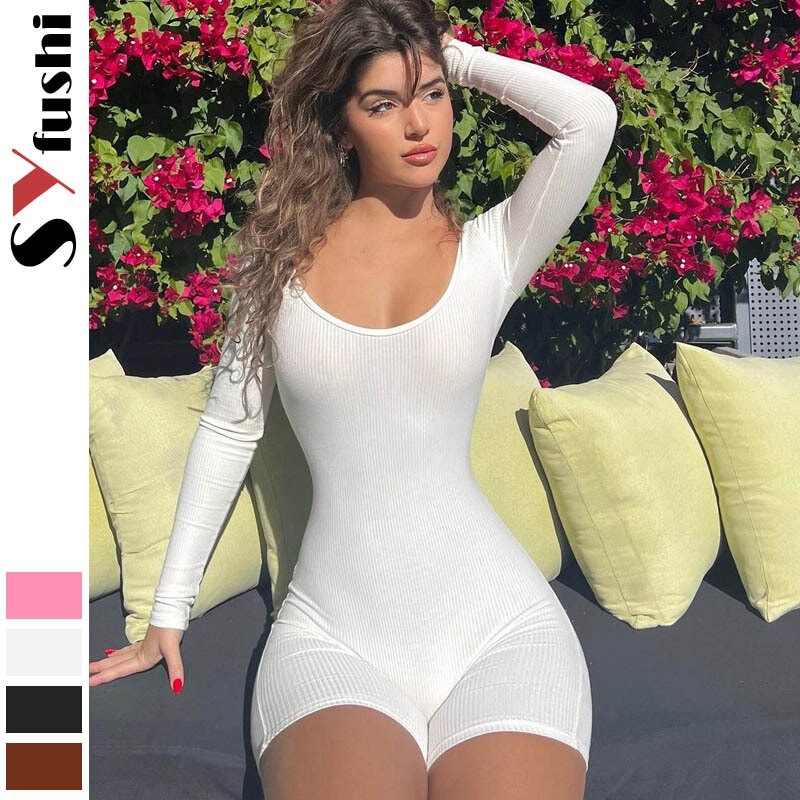 One-Piece Solid Color Shorts Threaded Amazon Fashion Women's New Pants Leaky Backless Yoga Long Sleeves