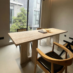 意大利超白洞石茶几 天然洞石餐桌椭圆大理石奢石台面