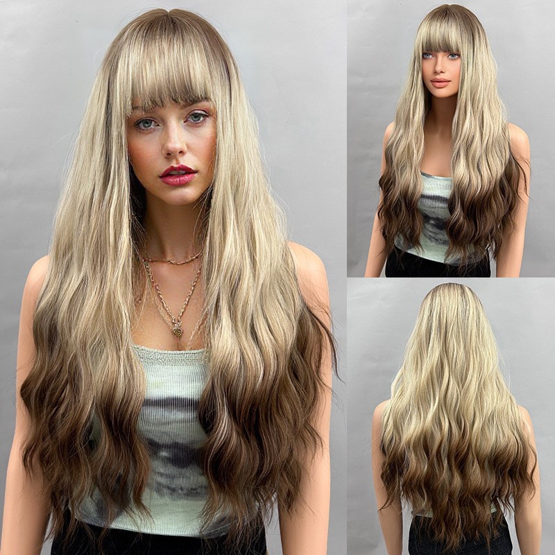 Curly Layered Wig Full Length Cosplay Style Gradient Beige Pink Wig For Women With Bangs Synthetic Hair Extensions_voghion.com