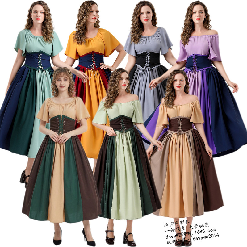 European Medieval Retro Color-Blocking Flared Dress Off-Shoulder Dress Women's Cosplay Costume Countrywoman Drama Outfit
