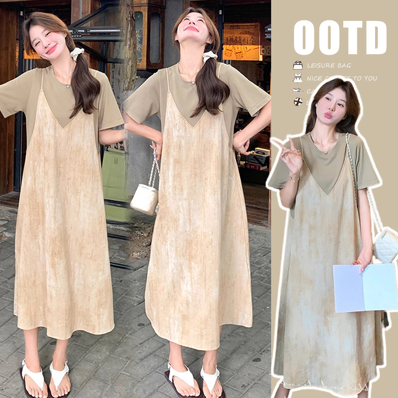 High-Quality ~ 2025 Summer New Chinese-Style Casual Loose Slimming Simple Faux Two-Piece Maternity Dress