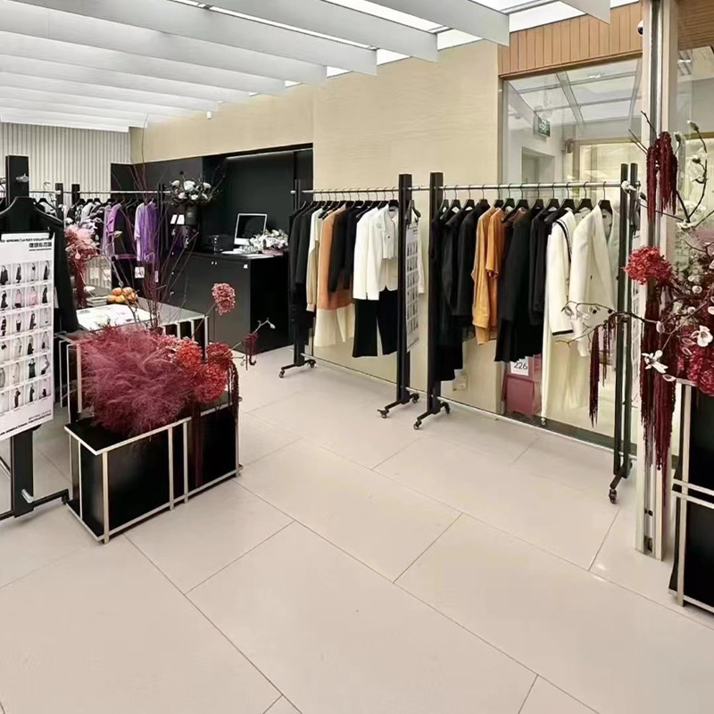 服装店展示架黑色落地式轮子架女装专用不锈钢中岛架侧挂陈列衣架|undefined