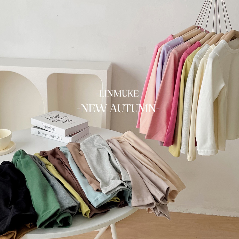 2025 Children's Pure Cotton Long-Sleeve T-Shirt Base Layer Spring and Autumn Loose Solid Color Boys and Girls Crew Neck Brushed Top