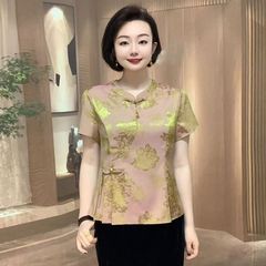 中式香云纱高档上衣国风洋气衬衫盘扣妈妈新款短袖上衣真丝T恤衫