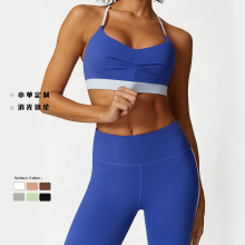 夏季跨境新款瑜伽服套装女褶皱运动内衣高腰提臀无尴尬线健身裤
