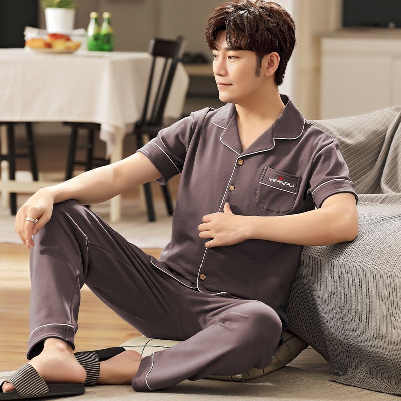 Pijama de algodón 100% de primavera y verano de los hombres pantalones de manga corta cardigan Delgado de los hombres de primavera y otoño de manga corta ropa para el hogar
