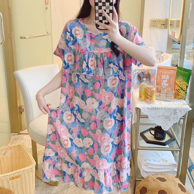 Short-Sleeved Nightgown Cotton Silk Women's Spring and Summer Super Long Printed Student's Sweet Pajamas Artificial Cotton dress Home Clothes